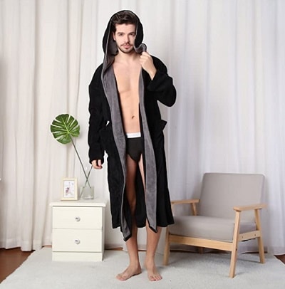 Hooded Herringbone Men's Black Soft Spa Full-Length Warm Bathrobe